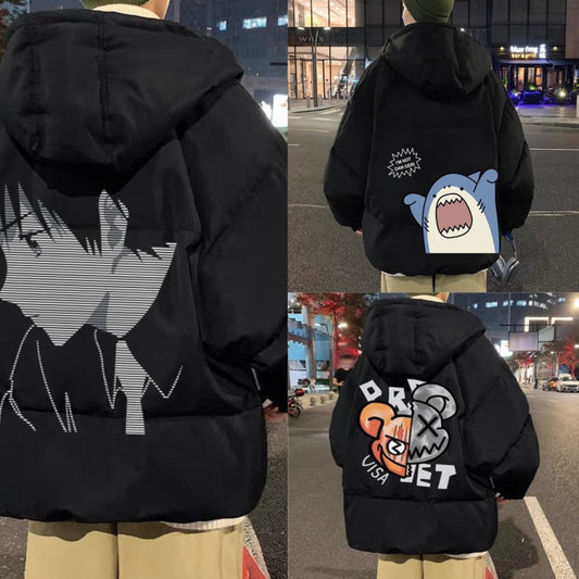 2022 Techwear Winter Jacket Men Parkas Women Anime Print Japanese Manga Harajuku Winter Warm Jacket Padded Hooded Couplewear