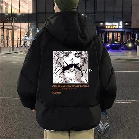 2022 Techwear Winter Jacket Men Parkas Women Anime Print Japanese Manga Harajuku Winter Warm Jacket Padded Hooded Couplewear