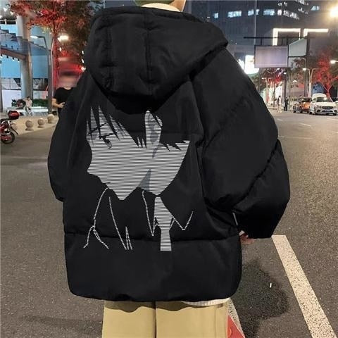 2022 Techwear Winter Jacket Men Parkas Women Anime Print Japanese Manga Harajuku Winter Warm Jacket Padded Hooded Couplewear