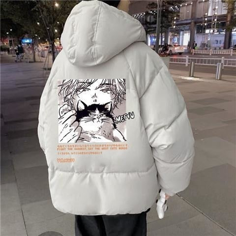 2022 Techwear Winter Jacket Men Parkas Women Anime Print Japanese Manga Harajuku Winter Warm Jacket Padded Hooded Couplewear