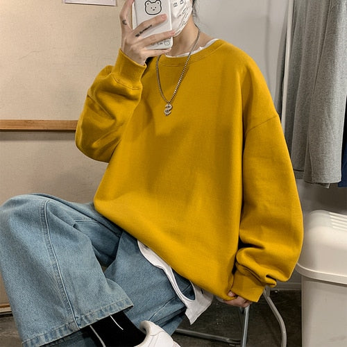 Harajuku Sweatshirts Men's 2022 Autumn Korean Solid Color Fleece Oversized Pullovers Casual O Neck Basic Tops Hip Hop Streetwear