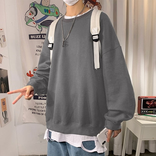 Harajuku Sweatshirts Men's 2022 Autumn Korean Solid Color Fleece Oversized Pullovers Casual O Neck Basic Tops Hip Hop Streetwear