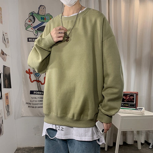 Harajuku Sweatshirts Men's 2022 Autumn Korean Solid Color Fleece Oversized Pullovers Casual O Neck Basic Tops Hip Hop Streetwear