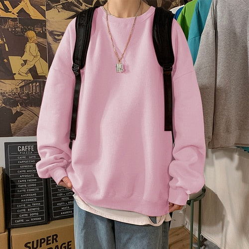 Harajuku Sweatshirts Men's 2022 Autumn Korean Solid Color Fleece Oversized Pullovers Casual O Neck Basic Tops Hip Hop Streetwear