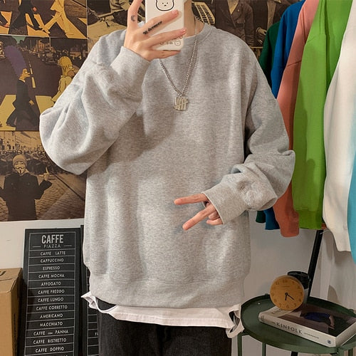Harajuku Sweatshirts Men's 2022 Autumn Korean Solid Color Fleece Oversized Pullovers Casual O Neck Basic Tops Hip Hop Streetwear