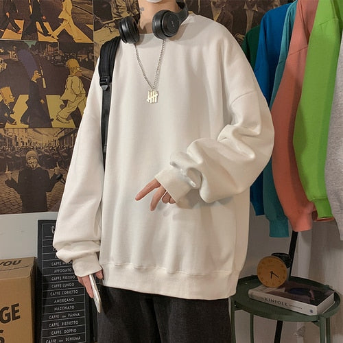 Harajuku Sweatshirts Men's 2022 Autumn Korean Solid Color Fleece Oversized Pullovers Casual O Neck Basic Tops Hip Hop Streetwear