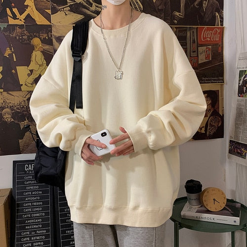 Harajuku Sweatshirts Men's 2022 Autumn Korean Solid Color Fleece Oversized Pullovers Casual O Neck Basic Tops Hip Hop Streetwear