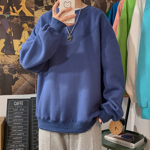 Harajuku Sweatshirts Men's 2022 Autumn Korean Solid Color Fleece Oversized Pullovers Casual O Neck Basic Tops Hip Hop Streetwear
