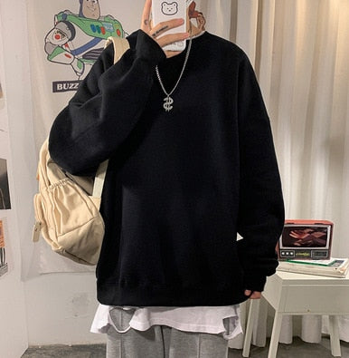 Harajuku Sweatshirts Men's 2022 Autumn Korean Solid Color Fleece Oversized Pullovers Casual O Neck Basic Tops Hip Hop Streetwear