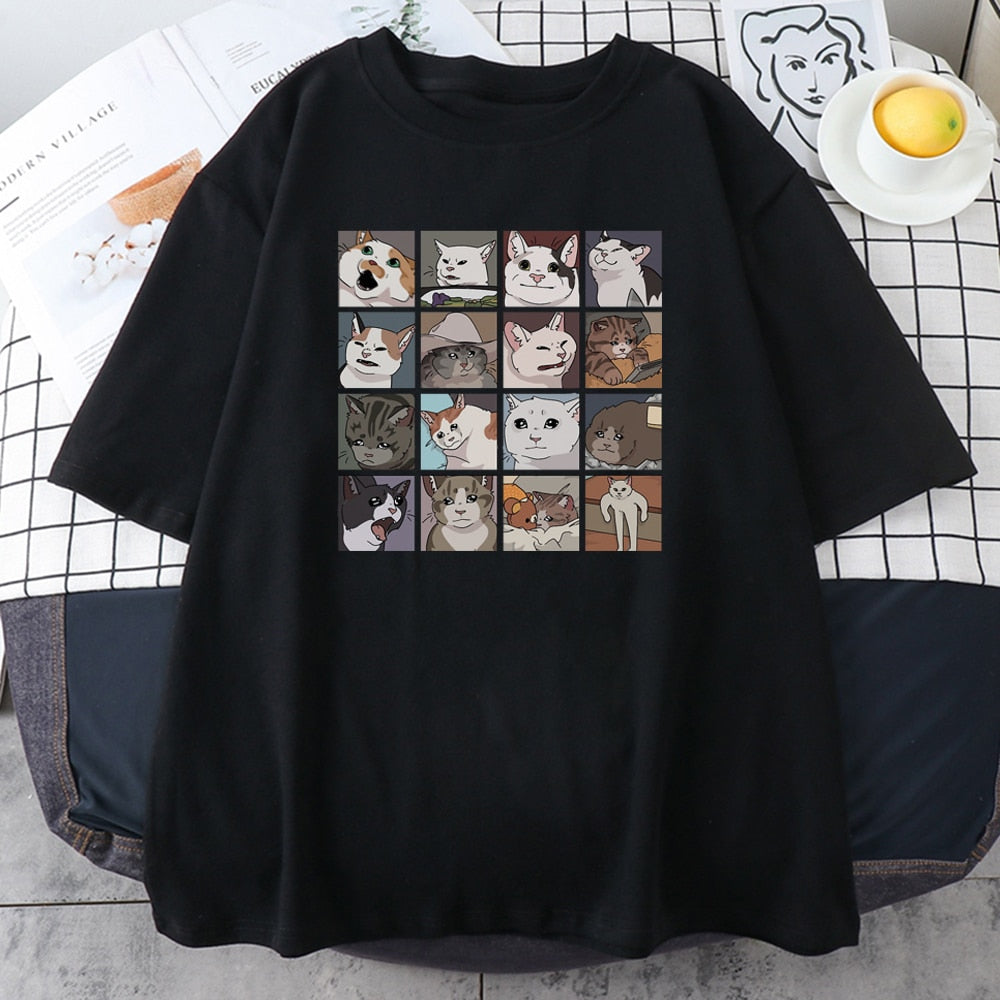 Meme Cats Puzzle Hoodie Harajuku Print Men's T-Shirt Street Korean Street Short Sleeve Summer Cotton Punk Tops Mens Rock Clothes