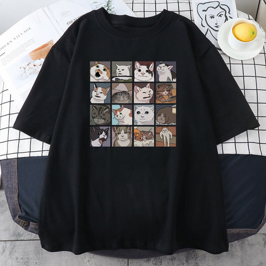 Meme Cats Puzzle Hoodie Harajuku Print Men's T-Shirt Street Korean Street Short Sleeve Summer Cotton Punk Tops Mens Rock Clothes