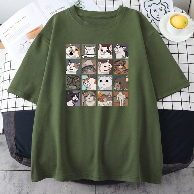 Meme Cats Puzzle Hoodie Harajuku Print Men's T-Shirt Street Korean Street Short Sleeve Summer Cotton Punk Tops Mens Rock Clothes