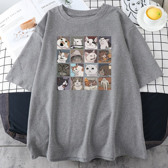 Meme Cats Puzzle Hoodie Harajuku Print Men's T-Shirt Street Korean Street Short Sleeve Summer Cotton Punk Tops Mens Rock Clothes