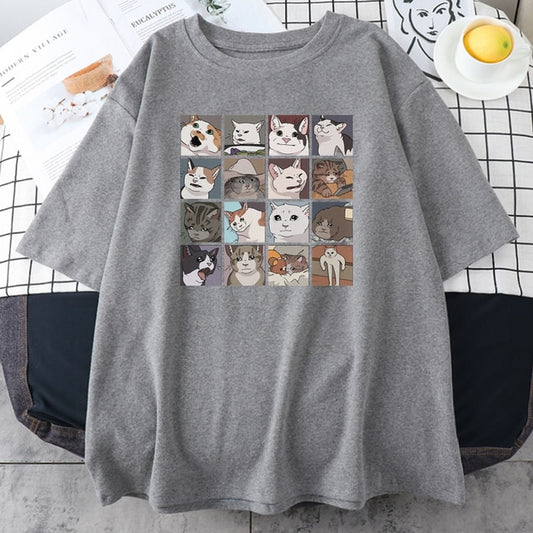 Meme Cats Puzzle Hoodie Harajuku Print Men's T-Shirt Street Korean Street Short Sleeve Summer Cotton Punk Tops Mens Rock Clothes