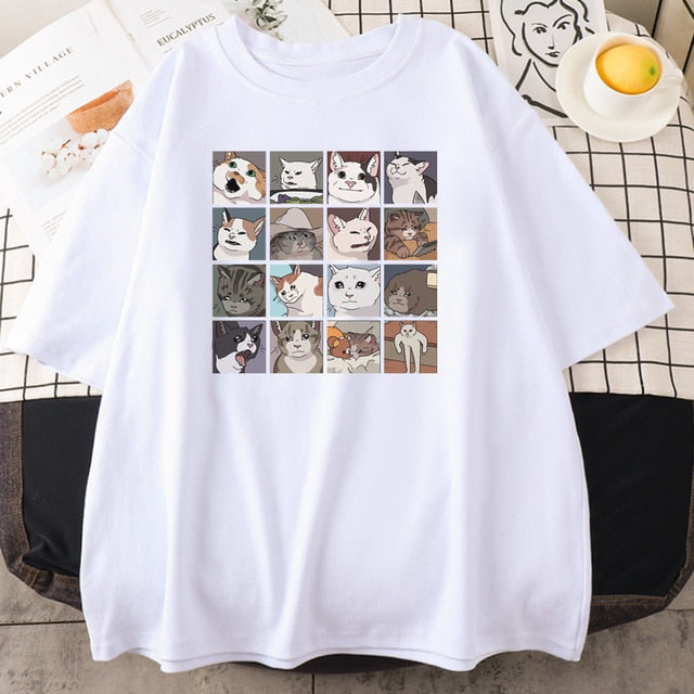 Meme Cats Puzzle Hoodie Harajuku Print Men's T-Shirt Street Korean Street Short Sleeve Summer Cotton Punk Tops Mens Rock Clothes