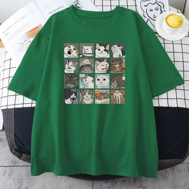Meme Cats Puzzle Hoodie Harajuku Print Men's T-Shirt Street Korean Street Short Sleeve Summer Cotton Punk Tops Mens Rock Clothes