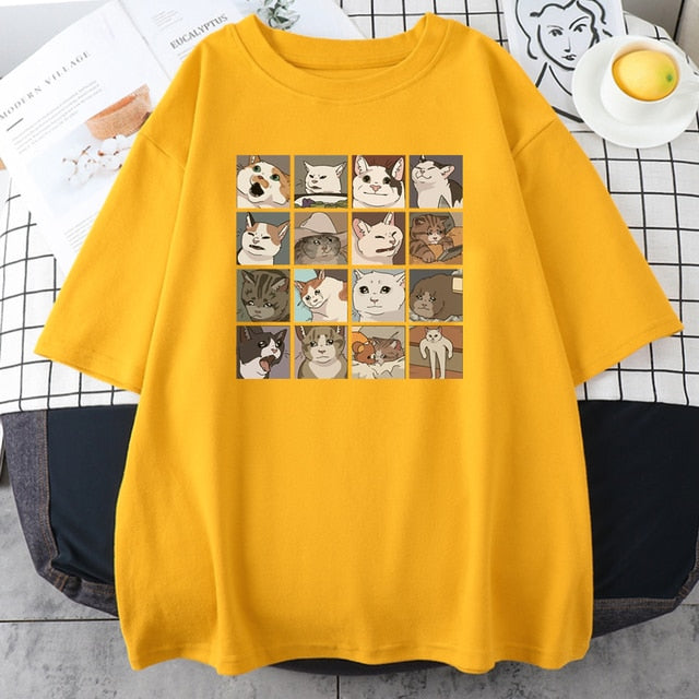 Meme Cats Puzzle Hoodie Harajuku Print Men's T-Shirt Street Korean Street Short Sleeve Summer Cotton Punk Tops Mens Rock Clothes