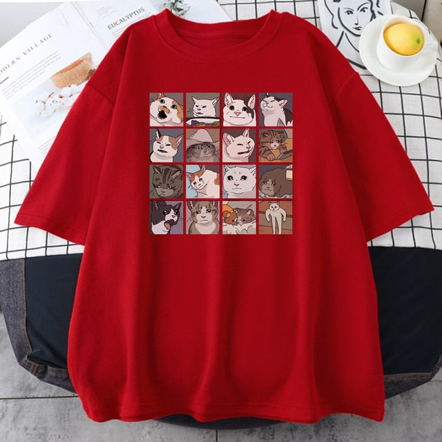 Meme Cats Puzzle Hoodie Harajuku Print Men's T-Shirt Street Korean Street Short Sleeve Summer Cotton Punk Tops Mens Rock Clothes